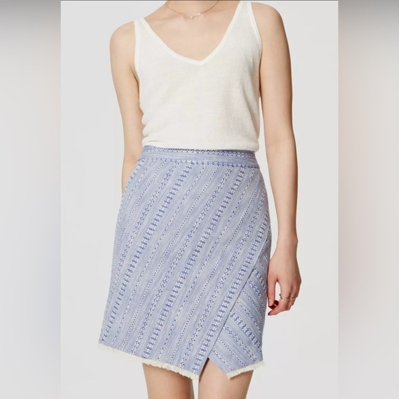 LOFT Blue and White Cotton Striped Tweed Wrap Skirt fringe hem Size 14 - Picture 2 of 11